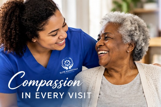 Caregiver smiling with an older adult at home
